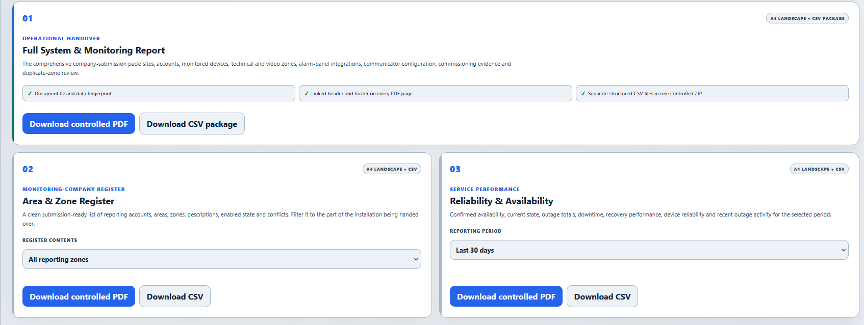 AlarmForgeX operational handover report view showing controlled PDF and CSV downloads, area and zone register, and reliability reporting.