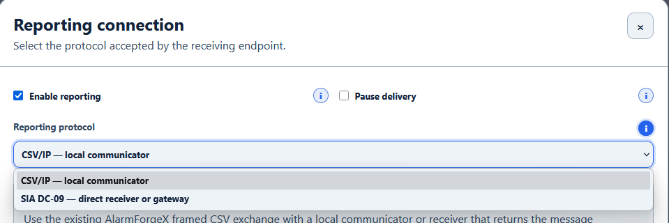 AlarmForgeX reporting connection view showing CSV/IP and SIA DC-09 protocol choices.